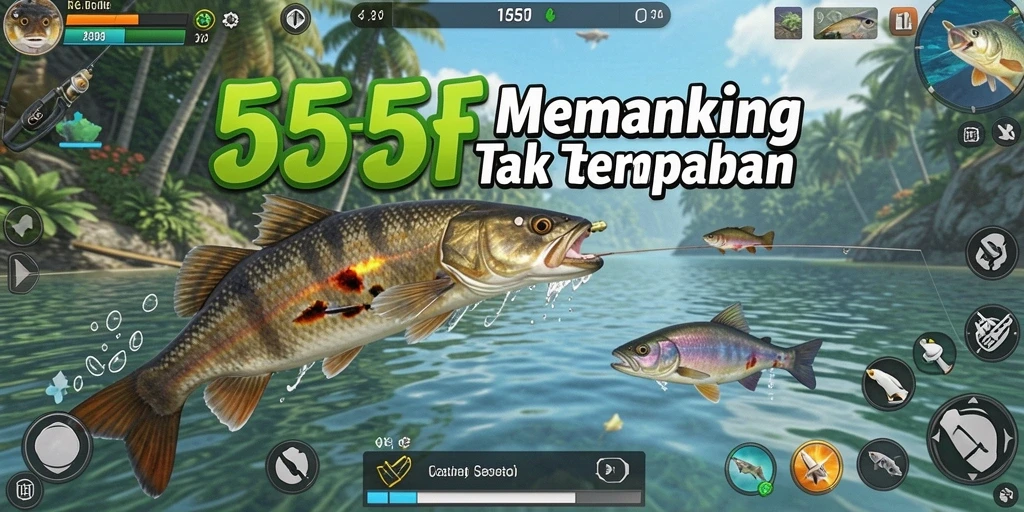 Tampilan gameplay menarik saat memancing di 555F.