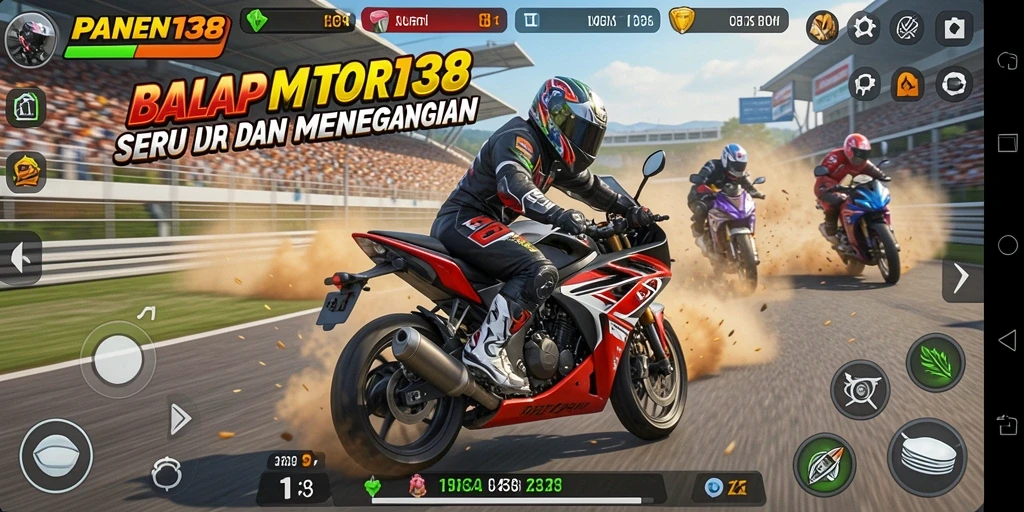 Screenshot menampilkan aksi balapan motor yang mendebarkan dalam game.
