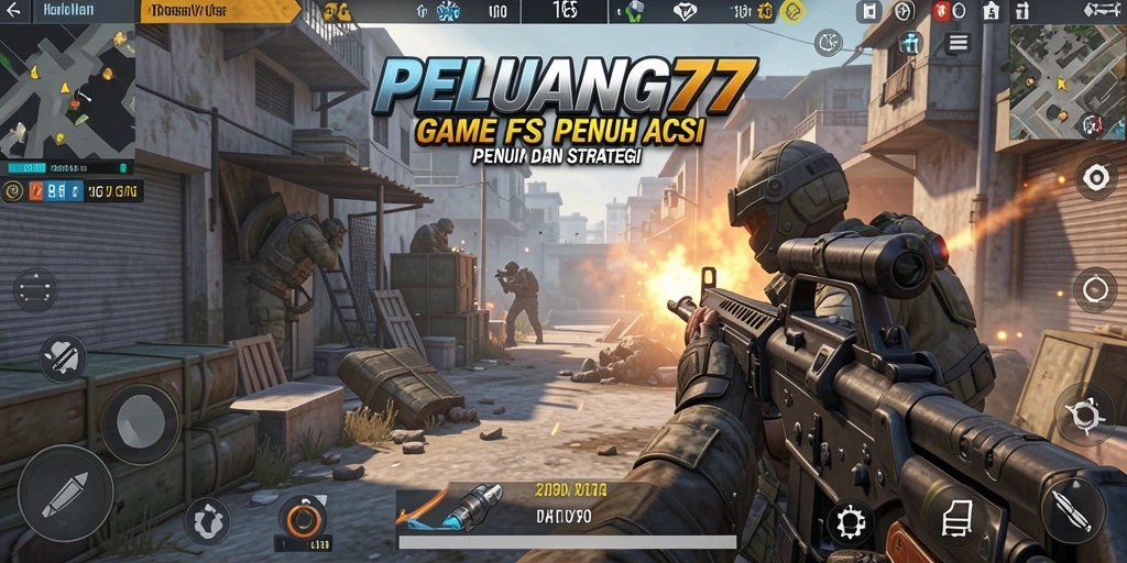 Screenshot memperlihatkan aksi tembak-menembak intens dalam PELUANG77.